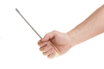 Hand holds a screwdriver on a white background, a template for designers.