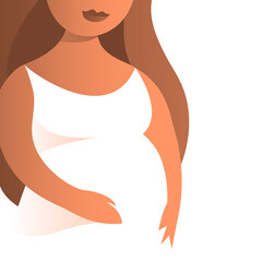 Beautiful pregnant woman in a white dress. Cartoon illustration about motherhood.