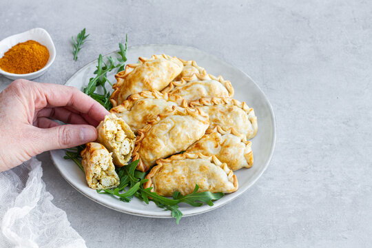 Top view of delicious plate of chicken curry turnovers