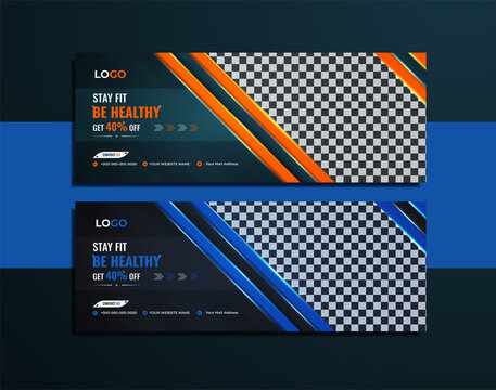 Modern gym and fitness web banner pack with yellow, and blue color unique shapes with lights.