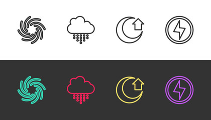 Set line Tornado, Cloud with rain, Moon and Lightning bolt on black and white. Vector