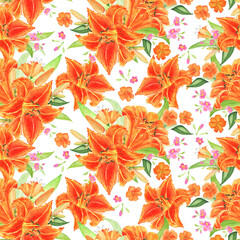 Watercolor orange lilies pattern. Hand painted background