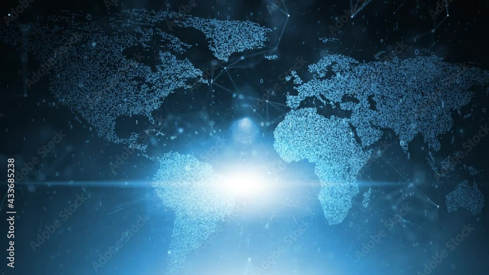 Poster earth world map flickering in futuristic cyberspace with bright shining light and binary numbers bac