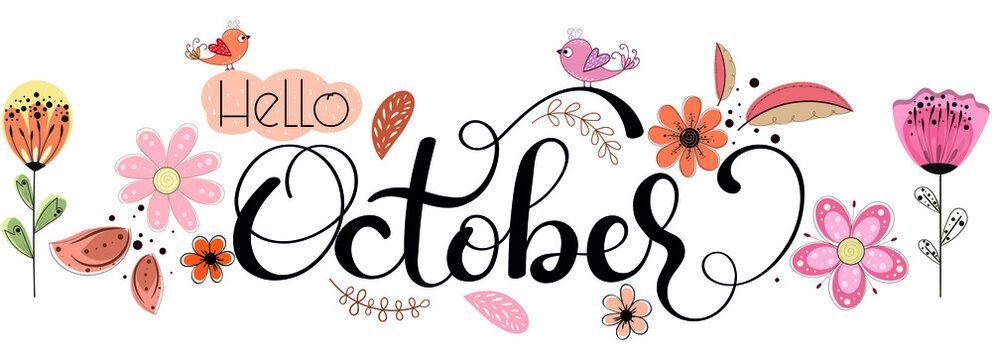 Hello October. OCTOBER month vector with flowers and leaves. Decoration floral. Illustration month October	
