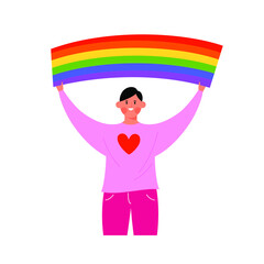 Woman character holding a rainbow flag - Young female with short hair, LGBTQ community, activist on gay pride parade, human rights - Flat vector illustration