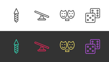 Set line Firework rocket, Seesaw, Comedy and tragedy masks and Game dice on black and white. Vector