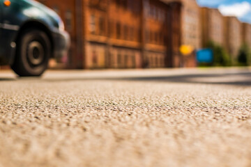 Summer in the city, the empty street and passing car.  Close up view from the asphalt level