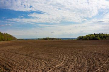Plowed agricultural field surrounded by forest