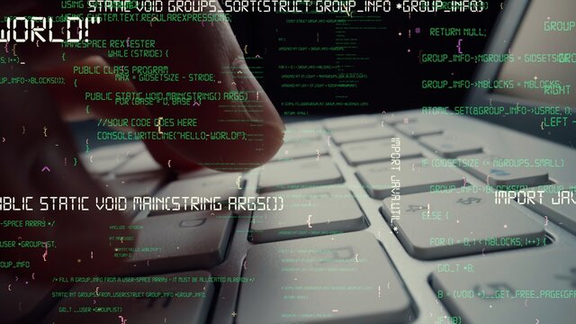Creative visual of computer programming coding and software development shown by man working on computer keyboard with overlay of computer graphic displaying abstract program codes and computer script