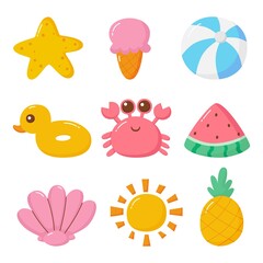 set of kawaii cartoon summer character collection on white background. vector Illustration.