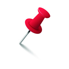 Red pin tack with shadow isolated on white background. Plastic paperwork and sewing accessory. 3d style design. Realistic thumbtack at an angle. Vector illustration
