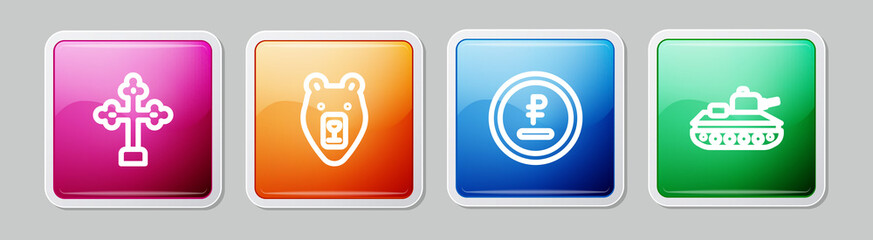 Obraz premium Set line Christian cross, Bear head, Rouble, ruble currency and Military tank. Colorful square button. Vector