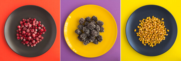 Collage of frozen berry on the plate on the colored  background.Top view. Close-up.