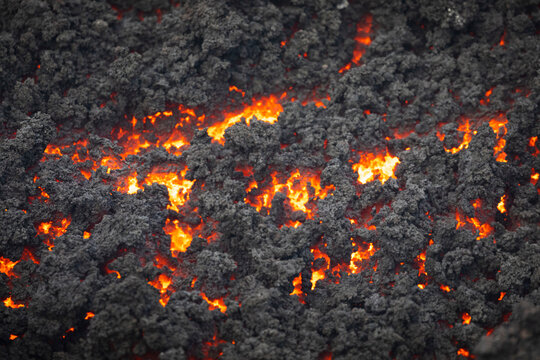 Close-up texture Fagradalsfjall volcano erupting in Iceland
