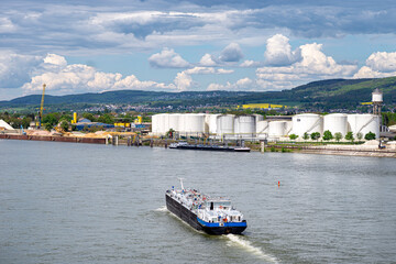 A large barge for the transport of liquid fuels on the Rhine in Germany. In the background, on the...