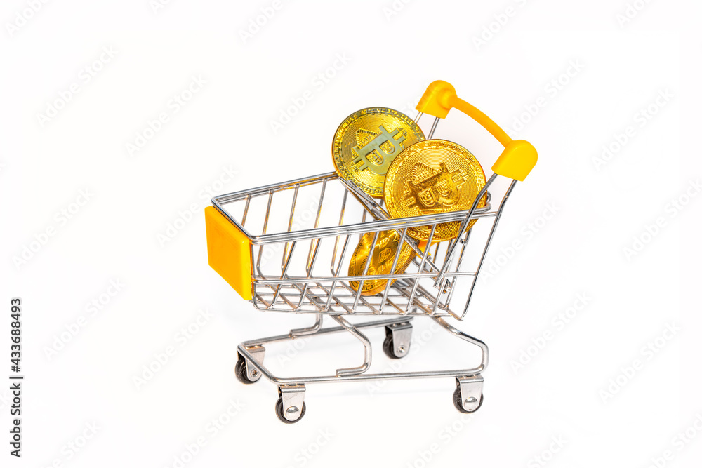Poster bitcoins and new virtual money concept. gold bitcoins with candle stick graph chart and digital back