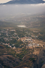 Grand stone pillars on the slopes of Mount Demerdzhi. Valley of ghosts, Crimean Mountains.