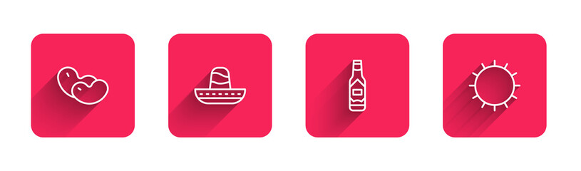 Obraz premium Set line Beans, Mexican sombrero, Tabasco sauce and Sun with long shadow. Red square button. Vector