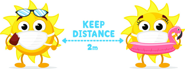 Sun emoticon in medical masks in the distance. Social distance, character