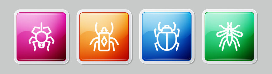 Obraz premium Set line Spider, Beetle bug, Mite and Mosquito. Colorful square button. Vector