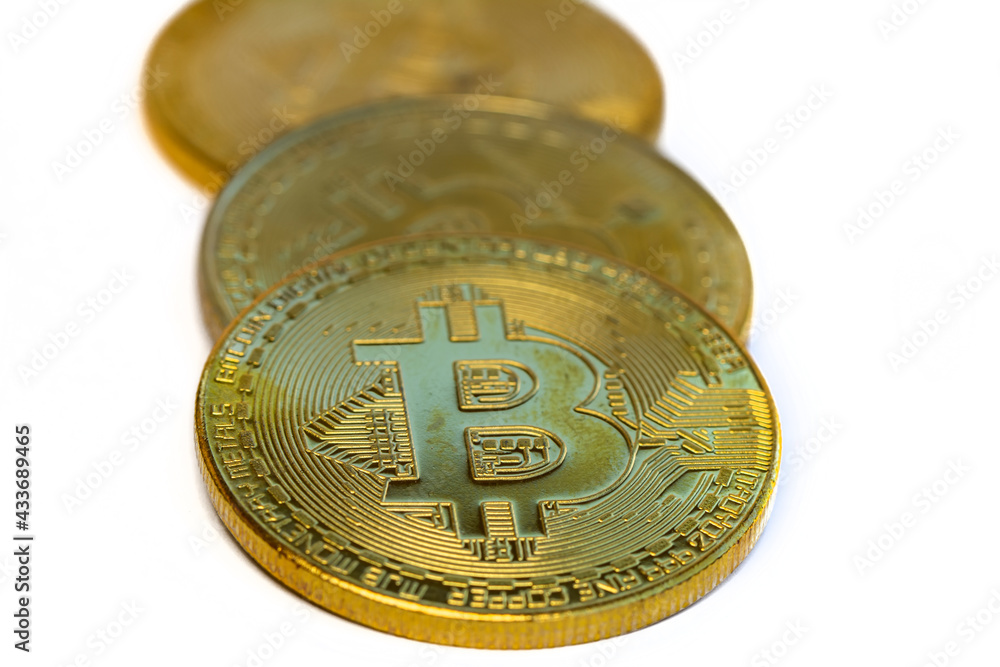 Poster bitcoins and new virtual money concept. gold bitcoins with candle stick graph chart and digital back