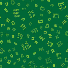 Set line Rope barrier, Viking in horned helmet and Picture on seamless pattern. Vector