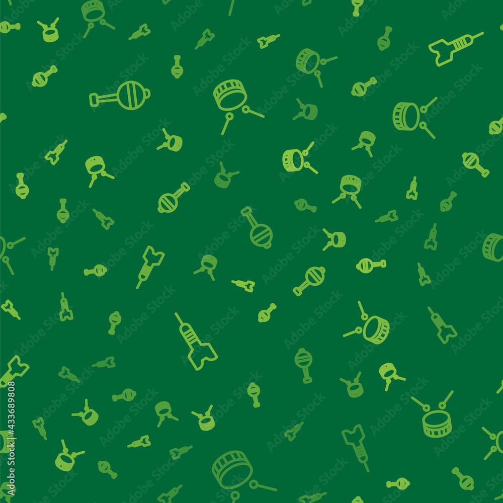 Poster set line rattle baby toy, dart arrow and drum with drum sticks on seamless pattern. vector