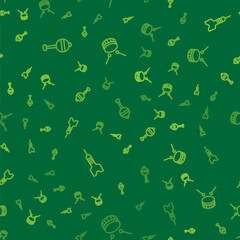 Set line Rattle baby toy, Dart arrow and Drum with drum sticks on seamless pattern. Vector