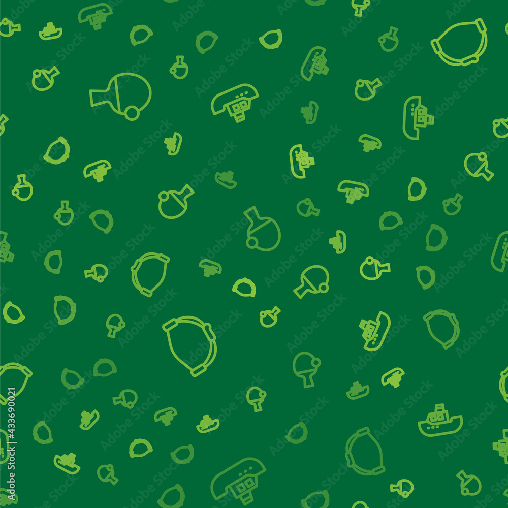 Poster set line racket and ball, bow toy and toy boat on seamless pattern. vector
