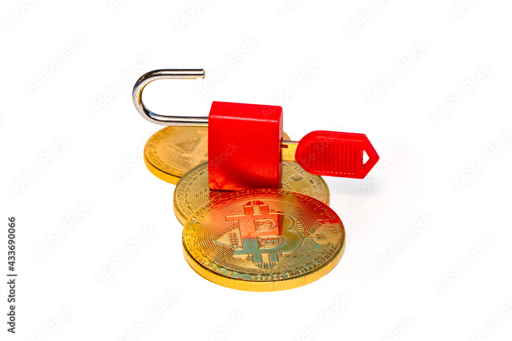Poster bitcoins and new virtual money concept. gold bitcoins with candle stick graph chart and digital back