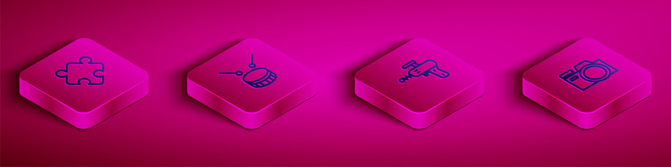 Set Isometric line Puzzle pieces toy, Drum with drum sticks, Ray gun and Photo camera icon. Vector