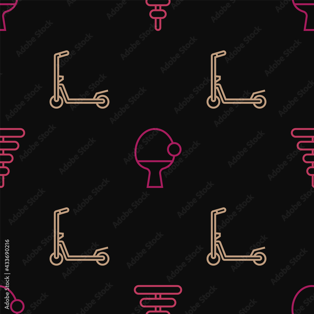 Poster set line pyramid toy, scooter and racket and ball on seamless pattern. vector