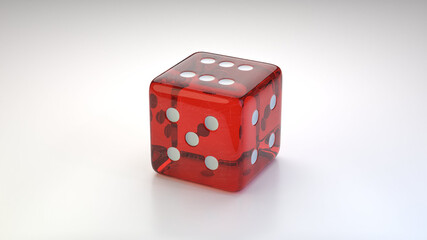 red transparent dice with number six on top