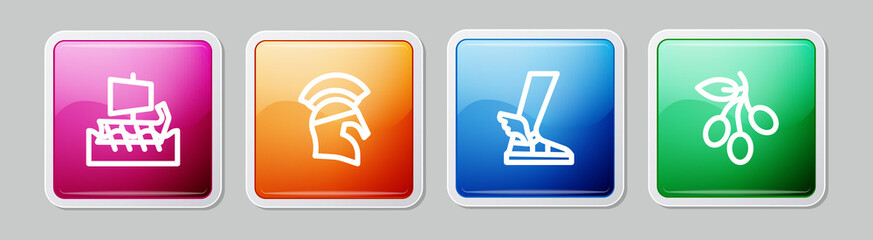 Set line Greek trireme, helmet, Hermes sandal and Olives branch. Colorful square button. Vector