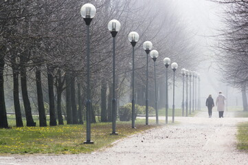 Midday fog in the city park with people walking