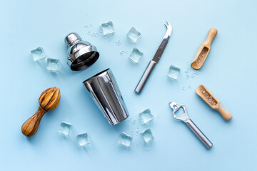 Cocktail bar utensils and tools. Top view, flat lay