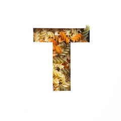 Obraz premium Italian food typeface for packaging design. Letter T of English alphabet of fusilli pasta and white cut paper