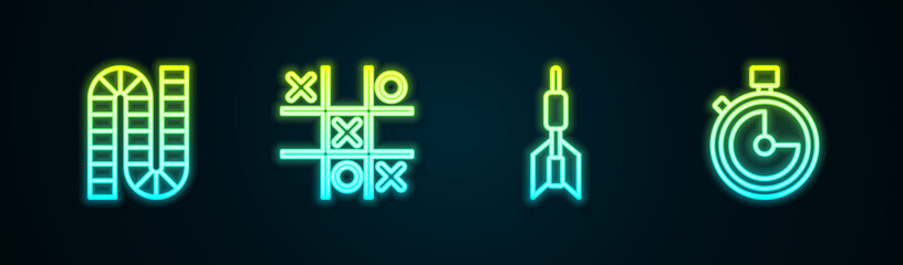 Set line Board game, Tic tac toe, Dart arrow and Stopwatch. Glowing neon icon. Vector