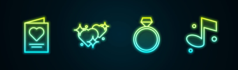 Set line Greeting card, Two Linked Hearts, Diamond engagement ring and Music note. Glowing neon icon. Vector