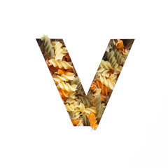 Italian Food. Letter V of English alphabet made of fusilli pasta and white cut paper. Typeface for products store design