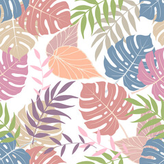 Fototapeta na wymiar Floral seamless print. Tropical blue leaves on a white background. Vector design in pastel colors.