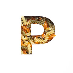 Letter P of English alphabet made of fusilli pasta and white cut paper. Typeface for grocery products packaging design