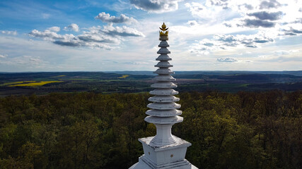 HUNGARY NEW STUPA. ZALASZÁNTÓI PEACE STUPA IN FOREST.
BUDDHIST ARCHITECTURE.