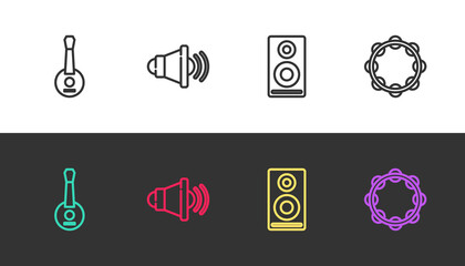 Set line Banjo, Speaker volume, Stereo speaker and Tambourine on black and white. Vector