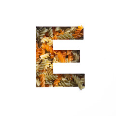 Italian Food. Letter E of English alphabet made of fusilli pasta and white cut paper. Typeface for products store design