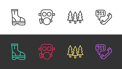 Fototapeta premium Set line Fire boots, Gas mask, Forest and Telephone call 911 on black and white. Vector