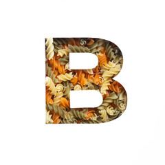Italian food typeface for packaging design. Letter B of English alphabet of fusilli pasta and white cut paper