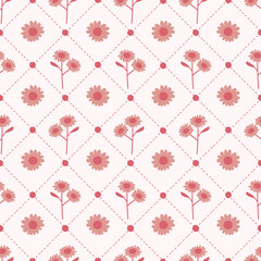 Pink Floral Daisies Geometric Gingham Seamless Pattern Background Print