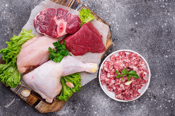 Assortment of various raw meat