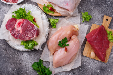 Various raw meat, sources of animal protein